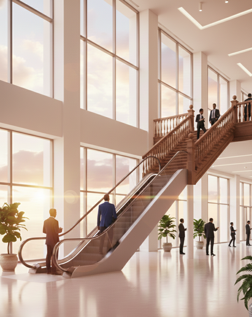 Escalator leading into stairs